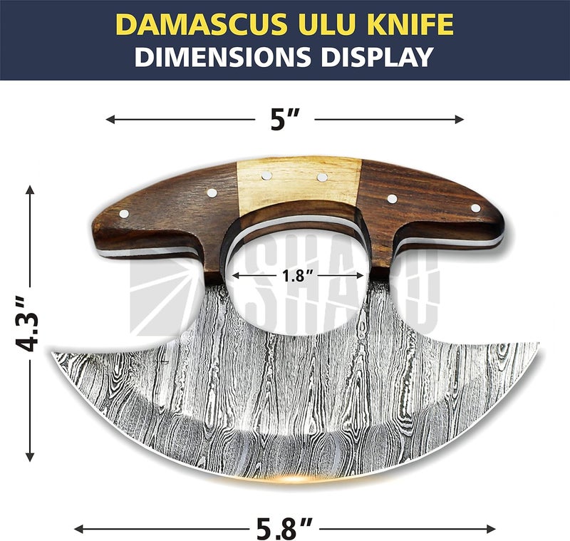 SHARDBLADE Alaskan Ulu Knife with Sheath, Handmade Forged 6" Damascus Steel Pizza Cutter Rocker Knife with Non-Slip Wooden Handle, Premium Food Salad Chopper Knife, Traditional Inuit Eskimo Ulu Copper - Image 4